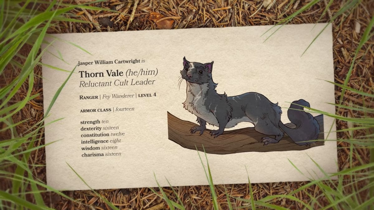 The character stats, information, and artwork for Thorn Vale in Dimension 20 Burrow's End