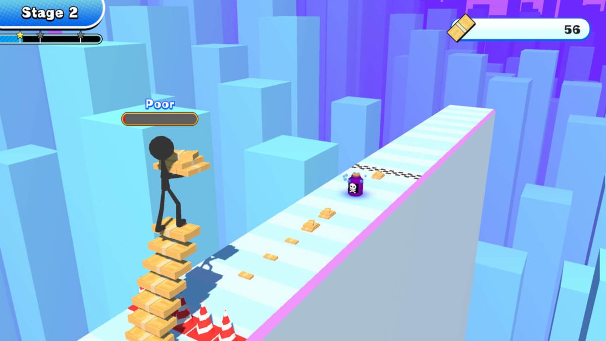 A stick man climbing stacks of what appears to be money while a poison bottle waits in front of a finish line in Those Games
