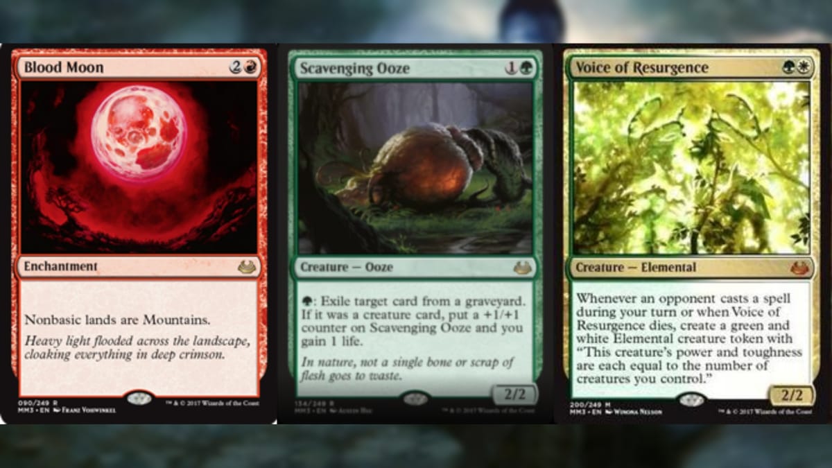three magic cards in different colors with art depicting surreal happenings, including a bright red moon appearing to warp the terrain