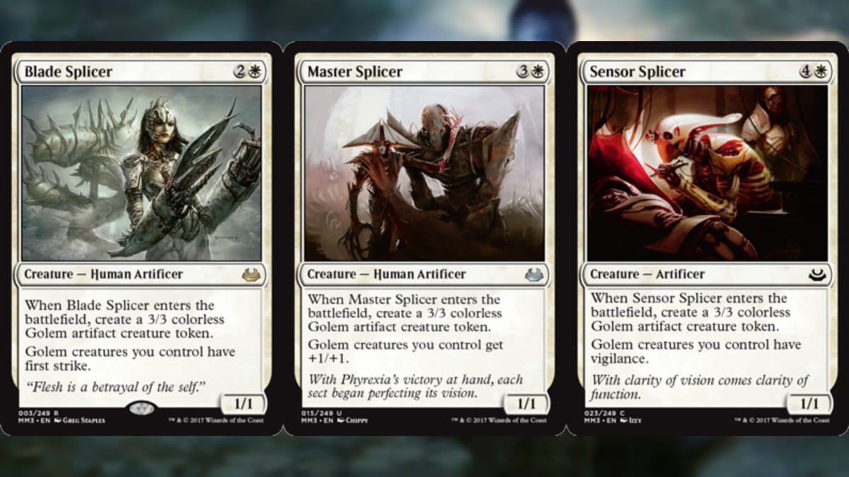 three magic cards in white all depicting differnet splicer creatures, mostly spiky monsters and humanoids
