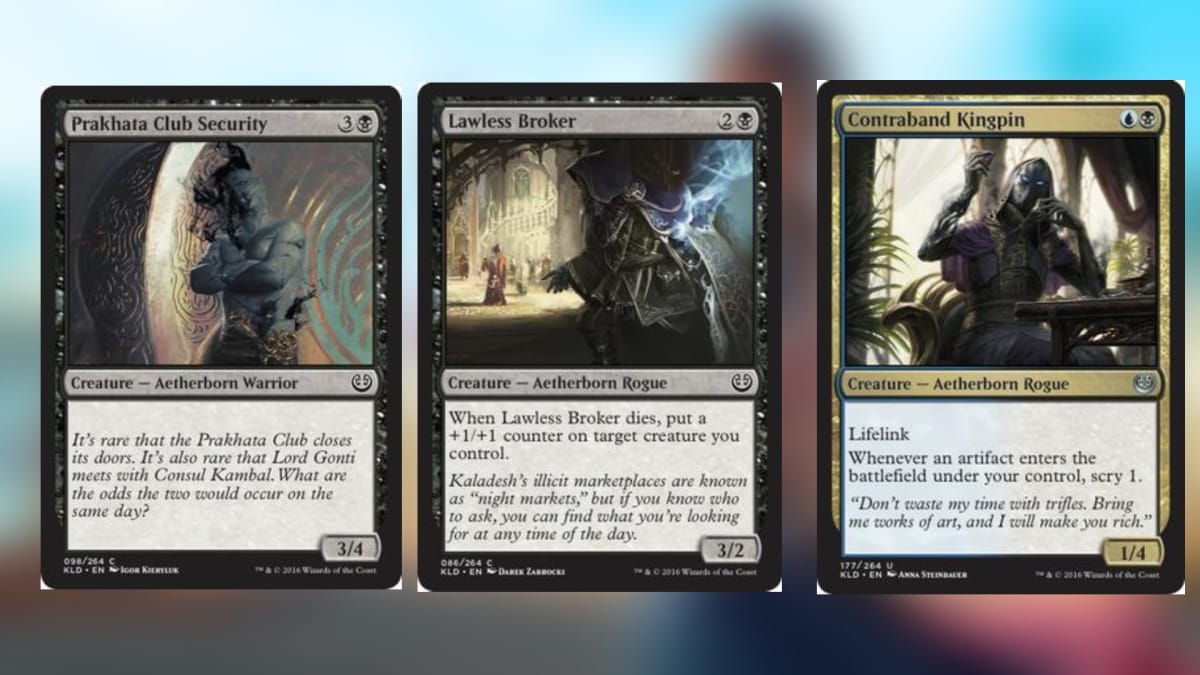 three magic cards mostly in black and all featuring art of shadwoy figures in a variety of settings and situations