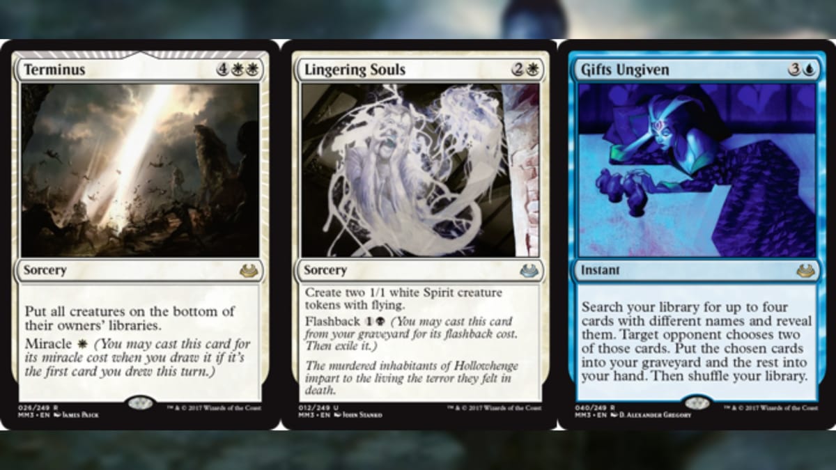 three magic the gathering cards in white and blue with each card depicting various scenes unfolding, including a large lazer and ghostly apparitions