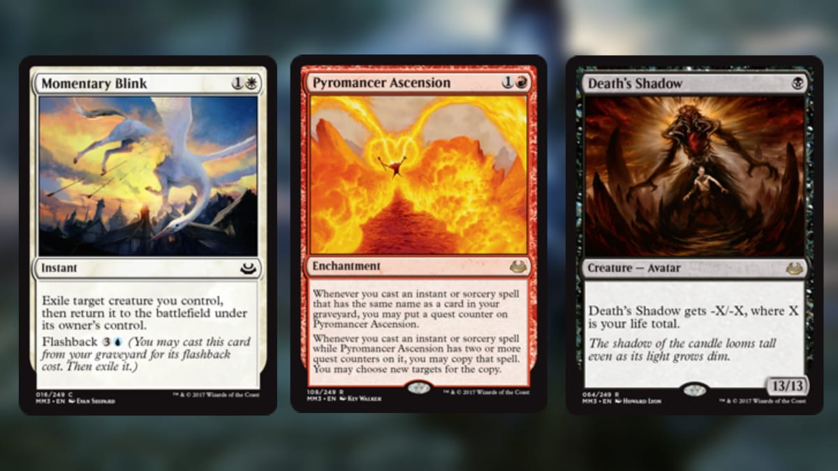 three magic the gathering cards in white red and back all featuring relatively violent scenes unfolding 