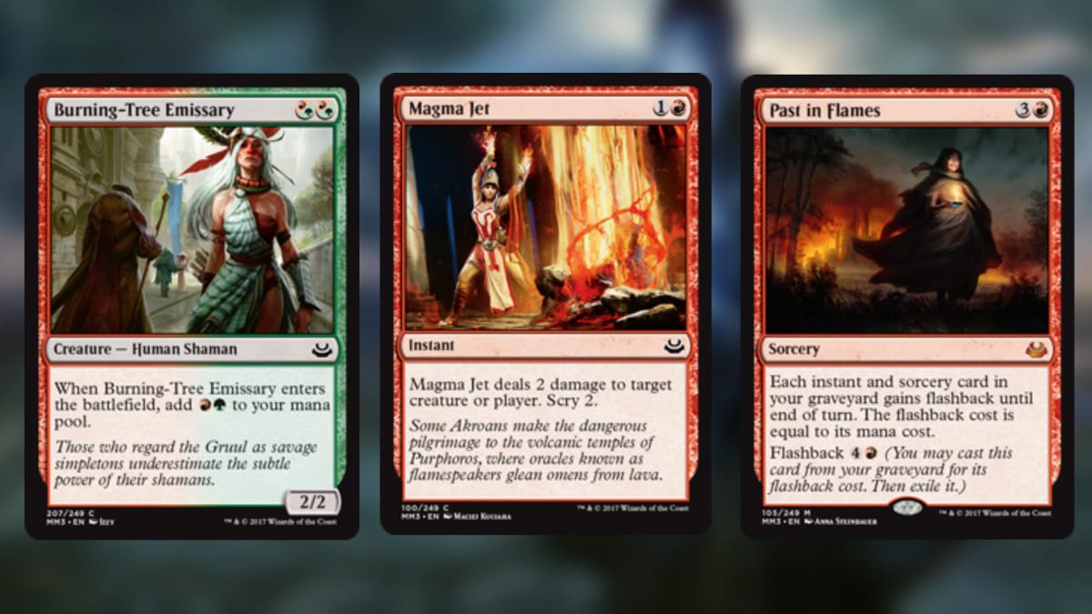 three magic the gathering cards mostly in red with art of various female sorceresses 