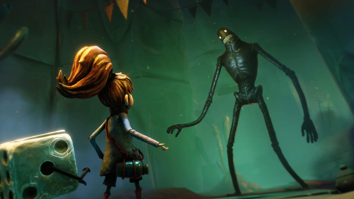 The main character of the Thunderful game Lost in Random confronting a tall humanoid enemy with her die companion at her side