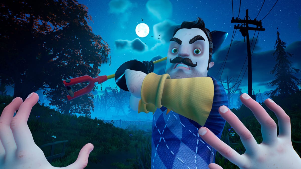 Mr. Peterson swinging a shovel at the player in the tinyBuild game Hello Neighbor 2
