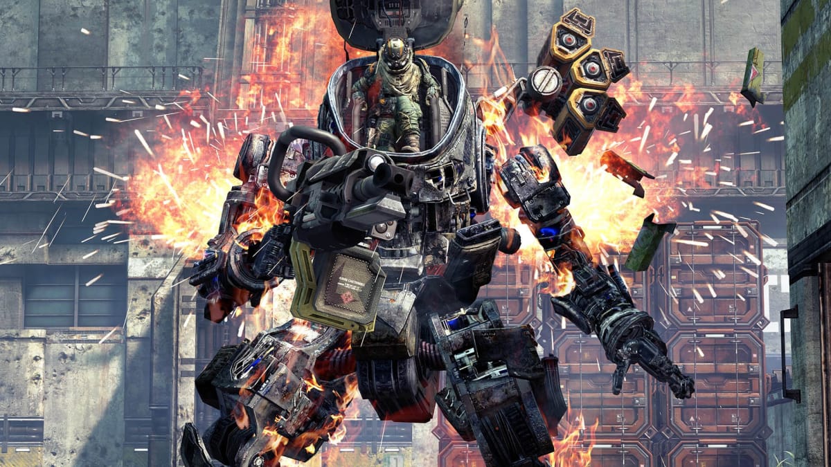 A player escaping an exploding mech in Titanfall, shown at Electronic Arts' E3 2013 presentation