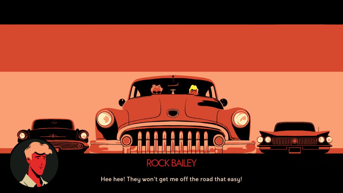 An in-game screenshot of To Hell With The Ugly, showcasing the main character Rock Bailey being in the middle of a tense car chase.
