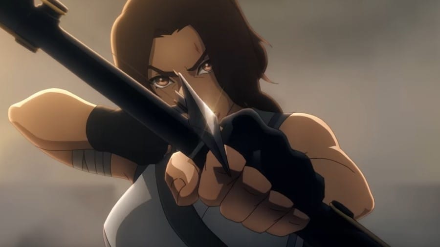 Lara Croft aiming a bow from the Tomb Raider animated series trailer