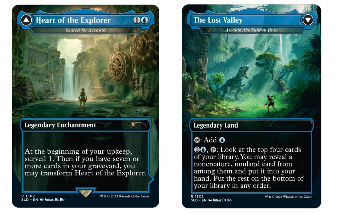 Card Artwork of Heart of the Explorder and The Lost Valley from the Tomb Raider Secret Lair