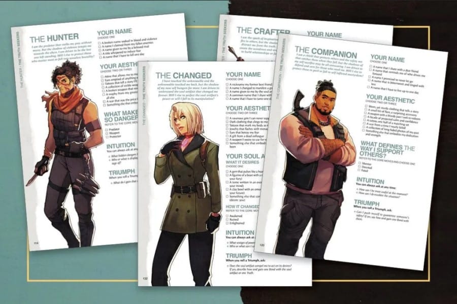 Official artwork of several character playbooks from Tomb Raider: Shadows of Truth