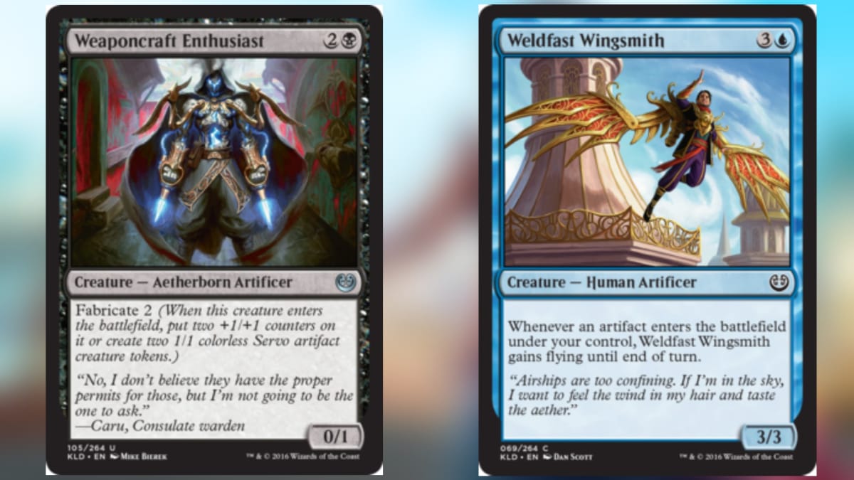 two magic cards in black and blue both featuring humanoid figures in their artwork