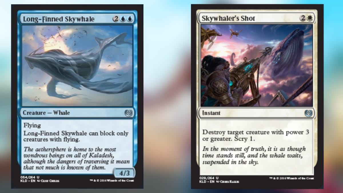 two magic cards in blue and whit eand both featuring art of giant flying aquatic creatures like whales