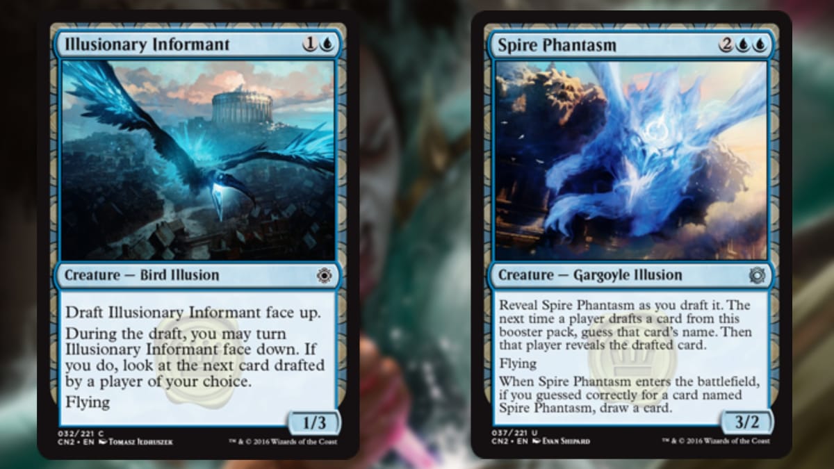 two magic cards in blue both featuring art of blue flying creatures above large settlements