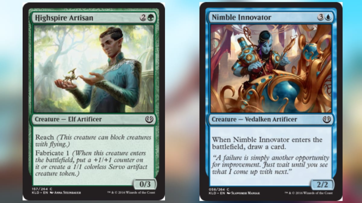 two magic cards in green and blue both featuring humanoid but slightly alien looking figures