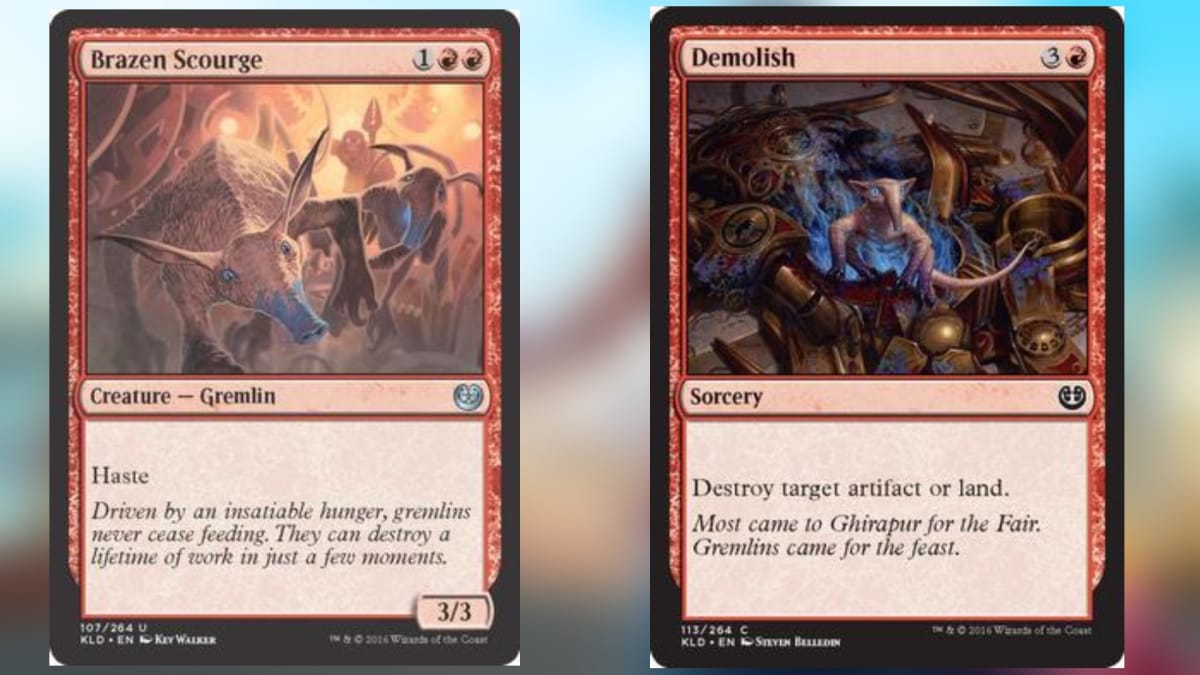 two magic cards in red both featuring art of strange big eared creatures with long snouts in various positions and situations