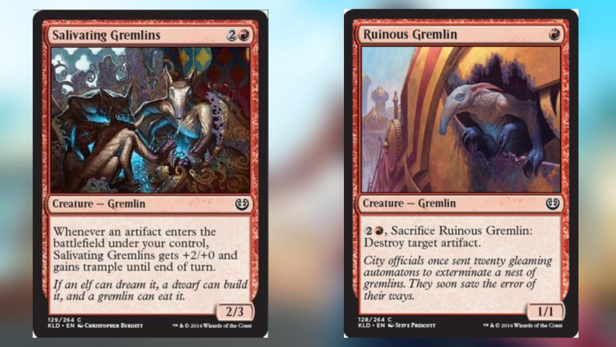 two magic cards in red both featuring art of strange big eared creatures with long snouts