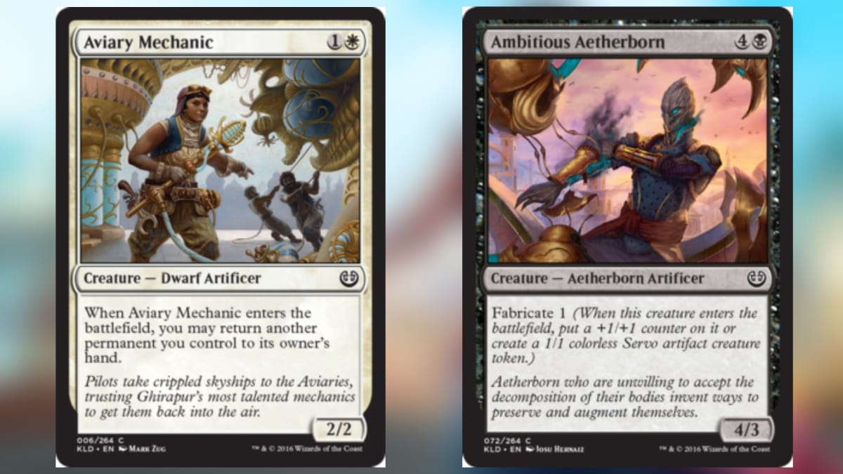two magic cards in white and black with art featuring humanoid figures struggling with machinary