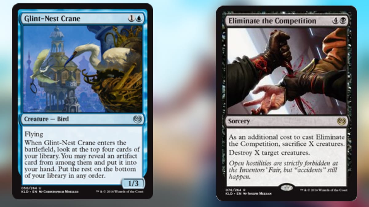 two magic cards one in blue and the other in black featuring art of a bird in a nest and a hand being stabbed with a knife