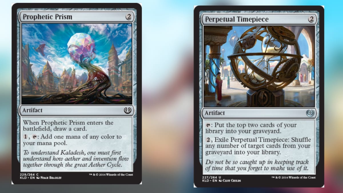 two magic cards with no color and both featuring mysterious orbs in their artwork 