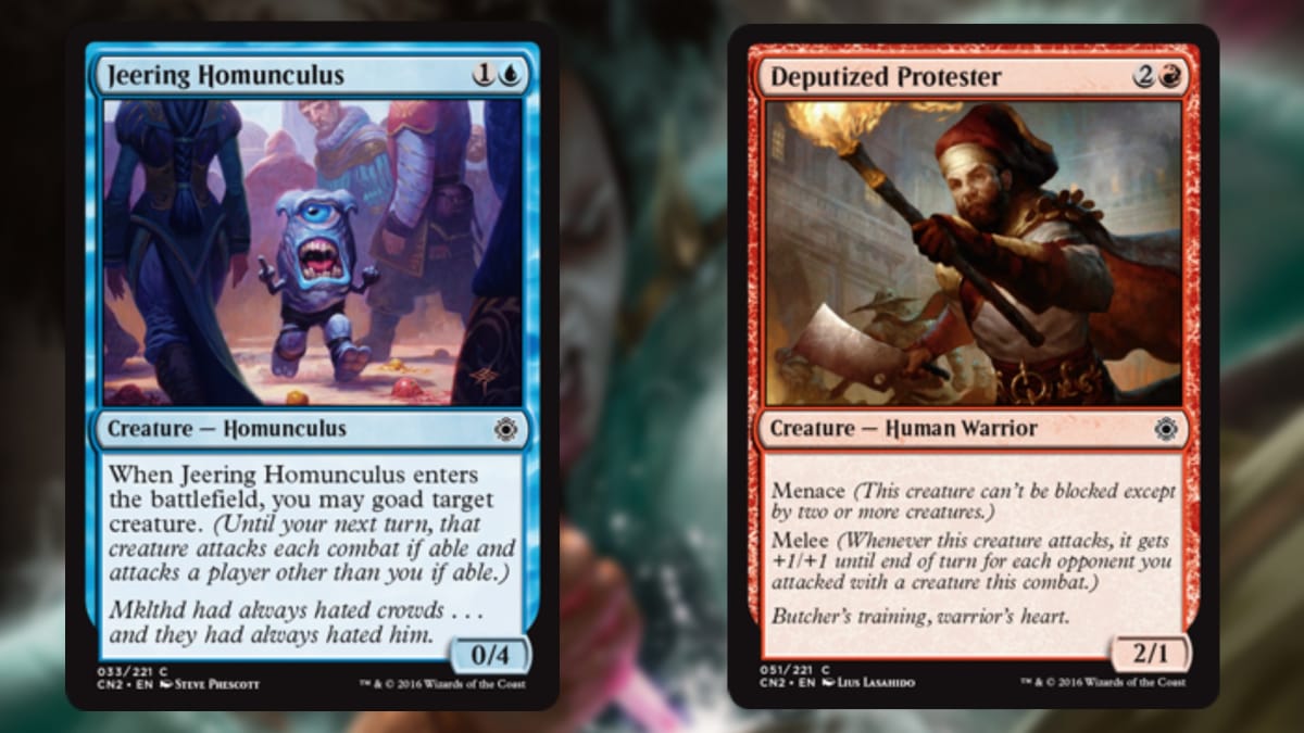 two magic the gathering cards in blue and red with art depicting a small blue monsters and a man with red clothes