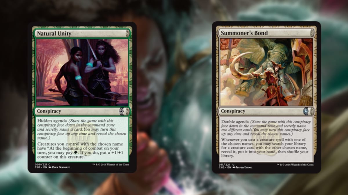 two magic the gathering cards in green and brown with art depicting an elephunt and two elves