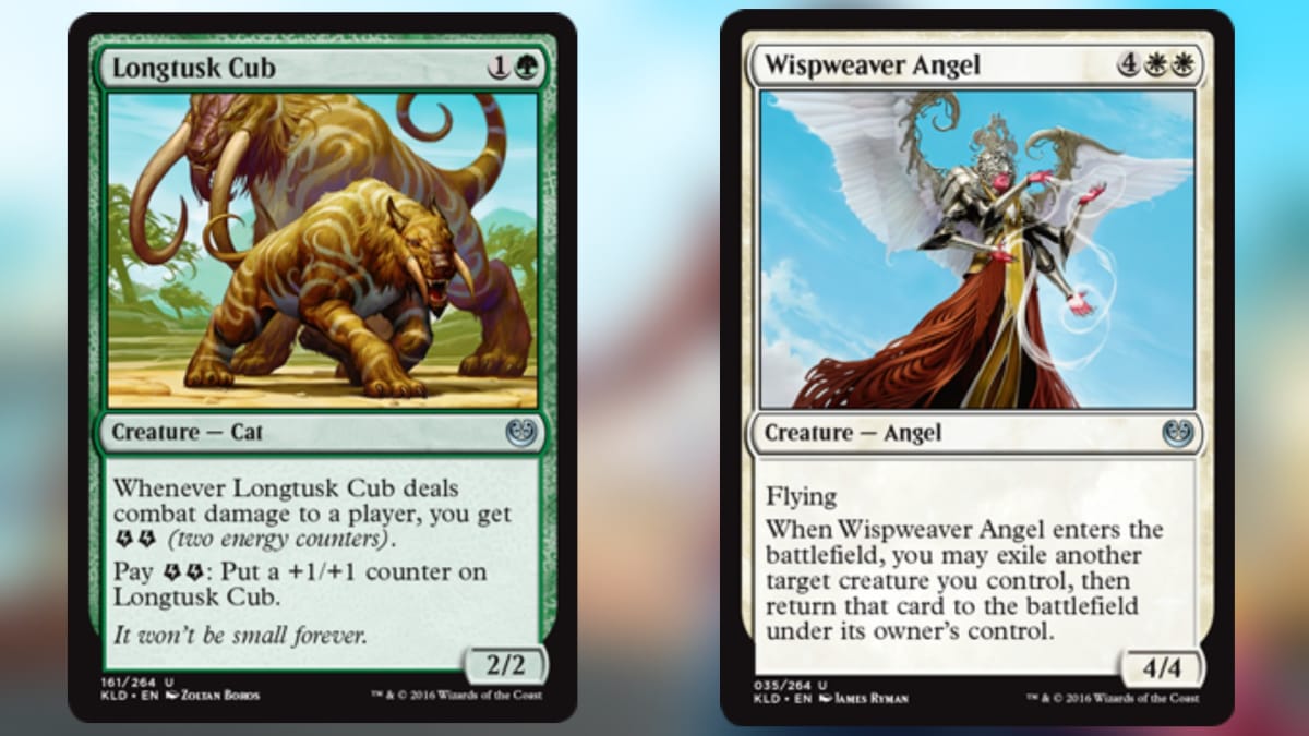two magic the gathering cards in green and white, with the first featuring art of animals while the other has an angel in white robes
