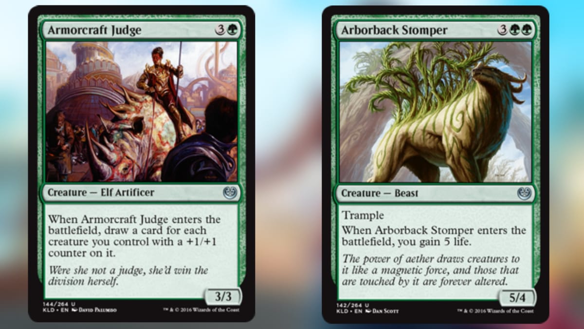 two magic the gathering cards in green with art featuring a man riding a spiny rhino like creature and the other art of a quadrapedal creature with trees on its back