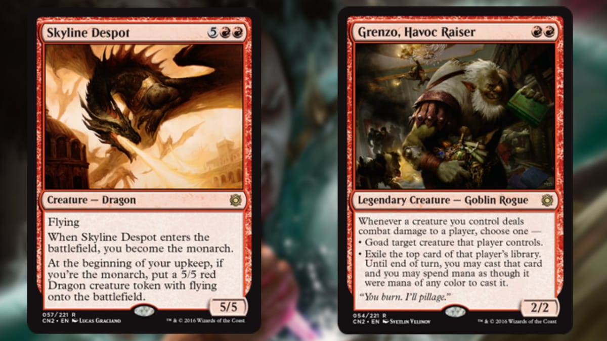 two magic the gathering cards in red with art depicting a dragon and then a goblin with a white beard