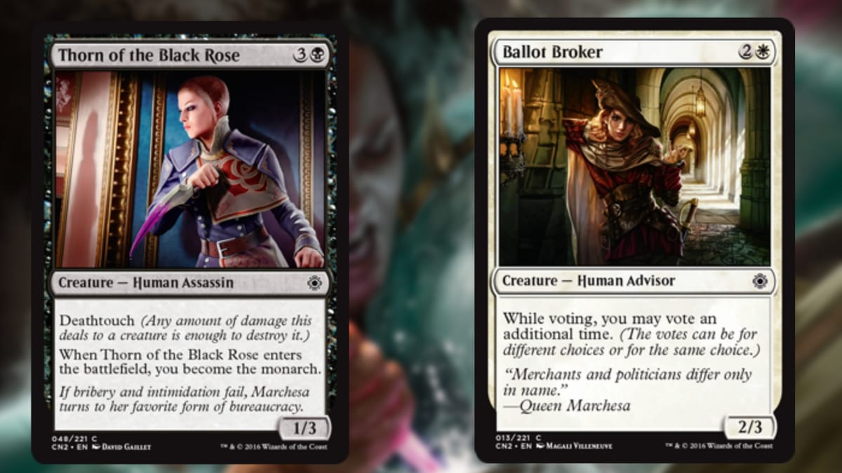 two magic the gathering cards one in black and one in white each with art of different female figures