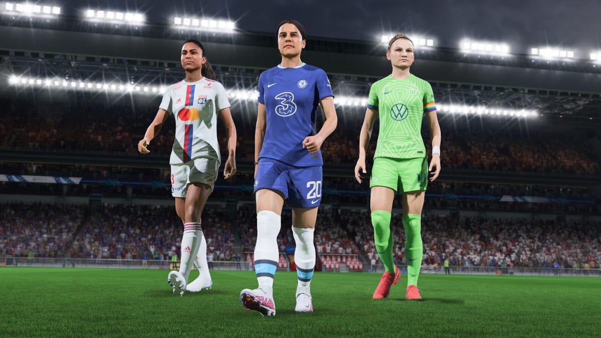 Three football players walking towards the camera in closeup in FIFA 23, which is in second place in this week's UK boxed charts