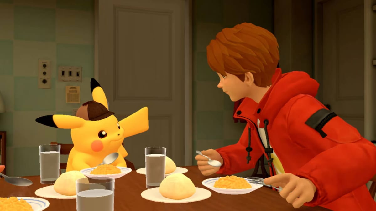 Pikachu and Tim Goodman enjoying a meal together in Detective Pikachu Returns, which is at number three in this week's UK boxed sales charts