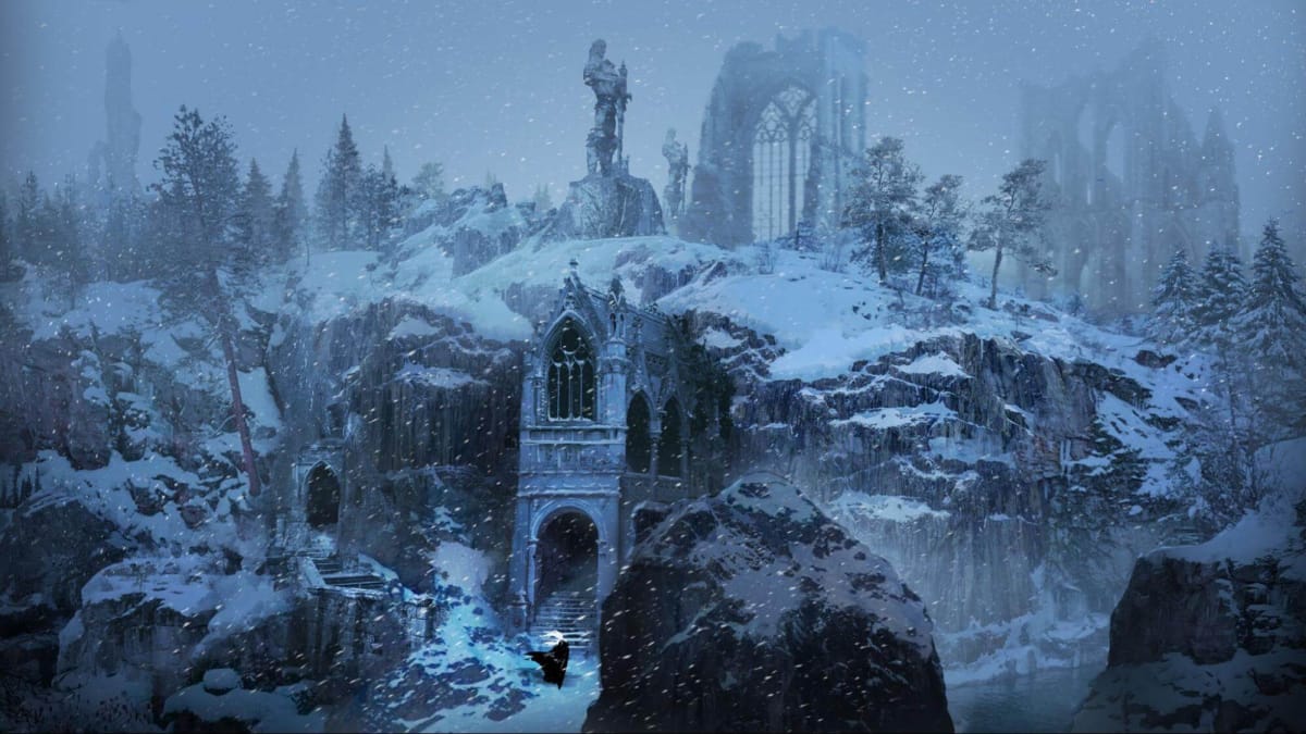 The icy and dark new zone in the V Rising 1.0 update, depicting a frozen castle set inside a snowy mountain