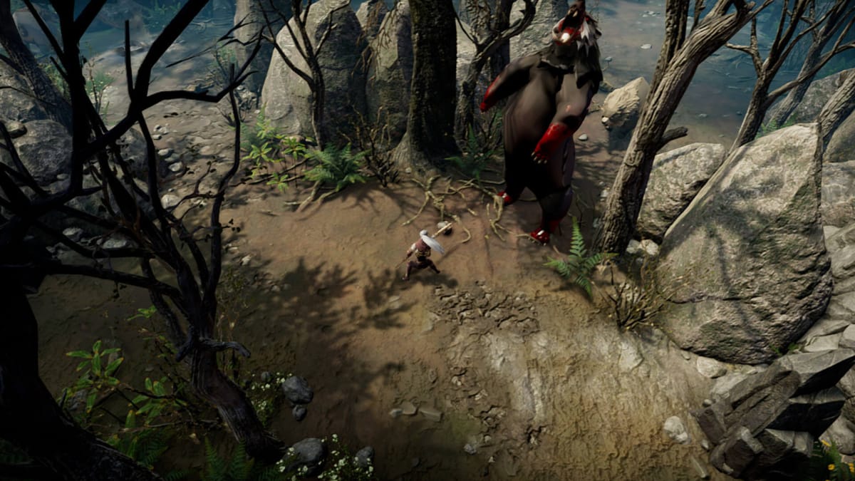 The player brandishing a spear at a giant bear in V Rising