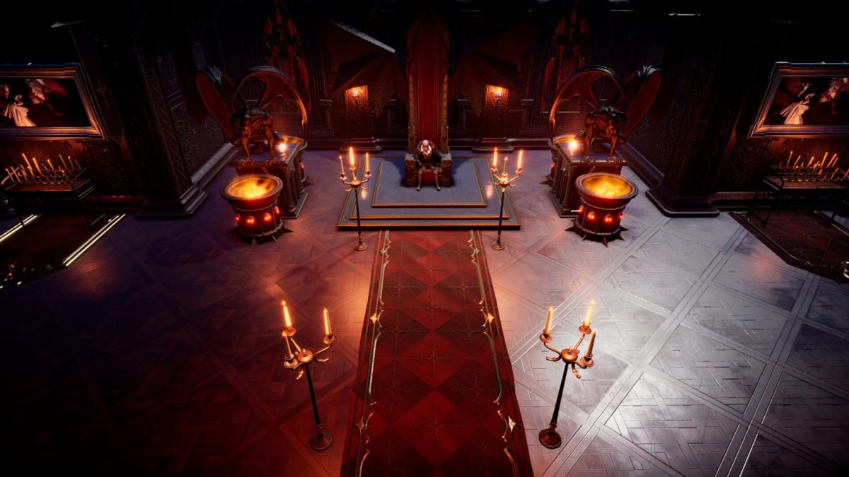 A vampire sitting on his throne in a castle in V Rising