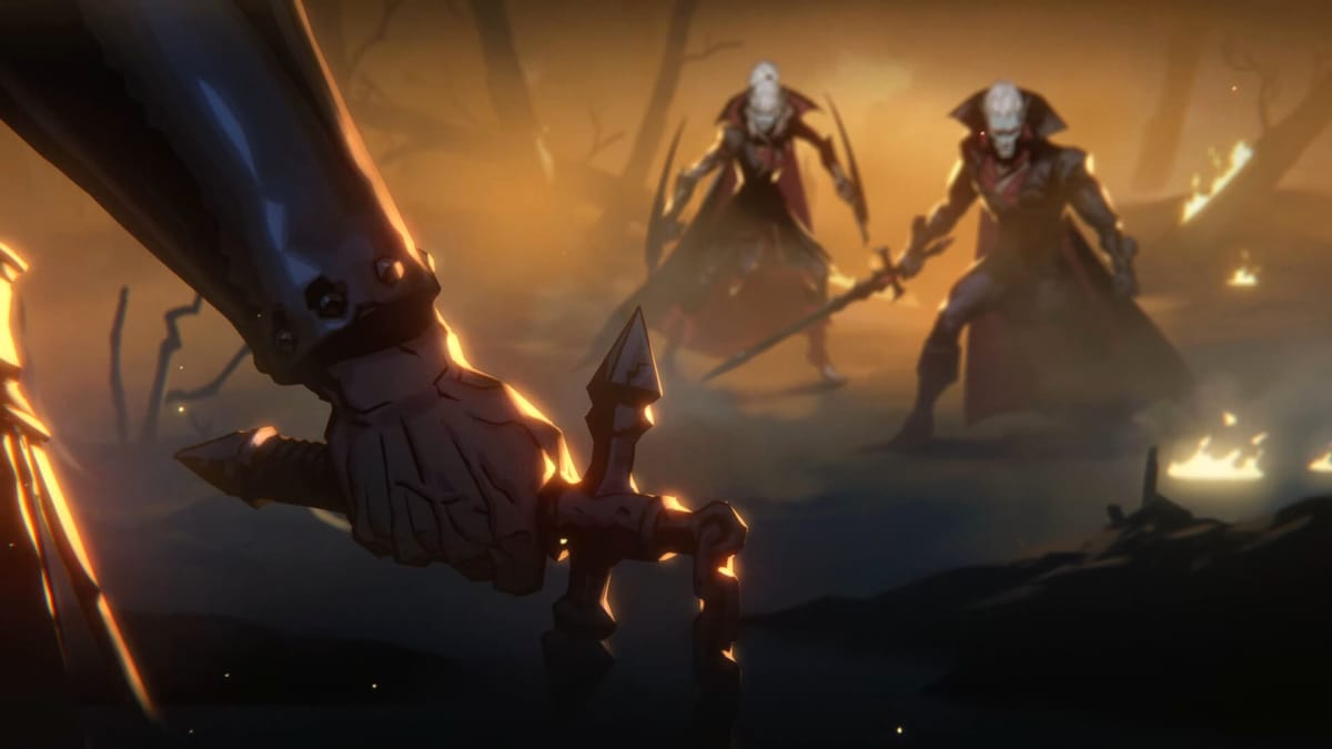 Two vampires in the background with Simon's hand clutching his whip in the foreground in the V Rising Castlevania crossover trailer