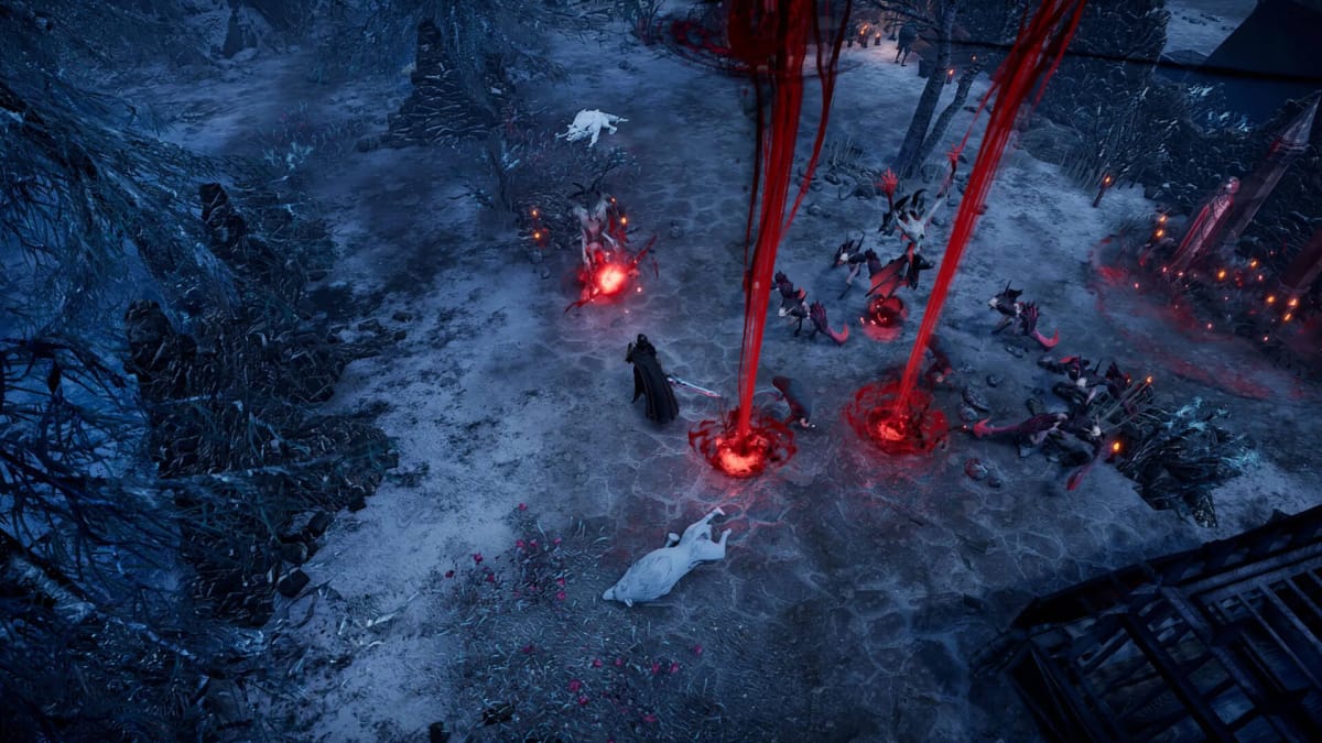 The player battling the minions of Dracula in a snowy endgame zone in V Rising update 1.0