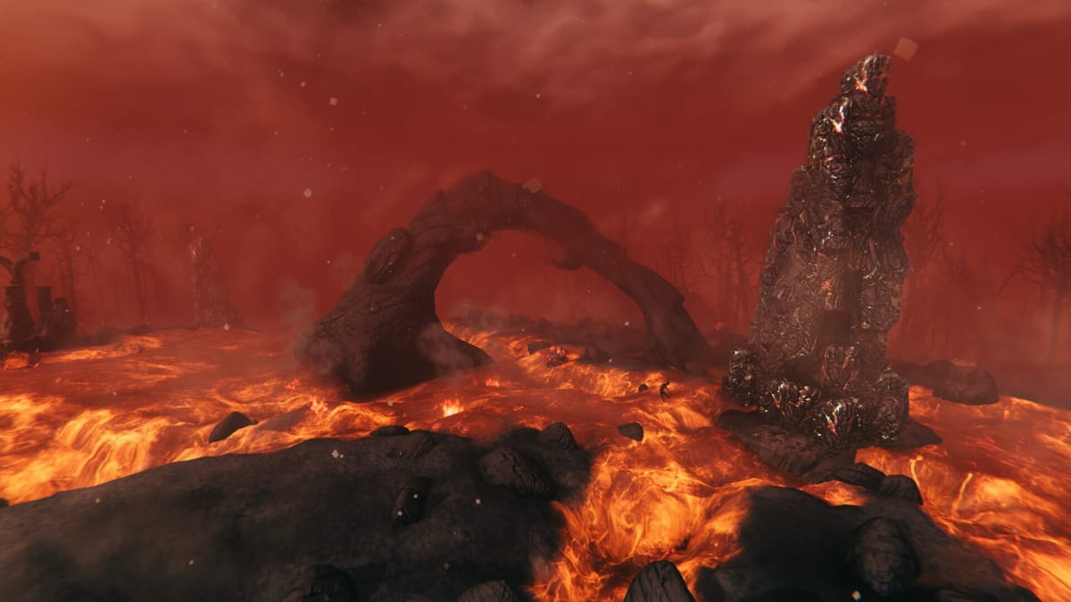 A lava-filled landscape in the Valheim Ashlands update