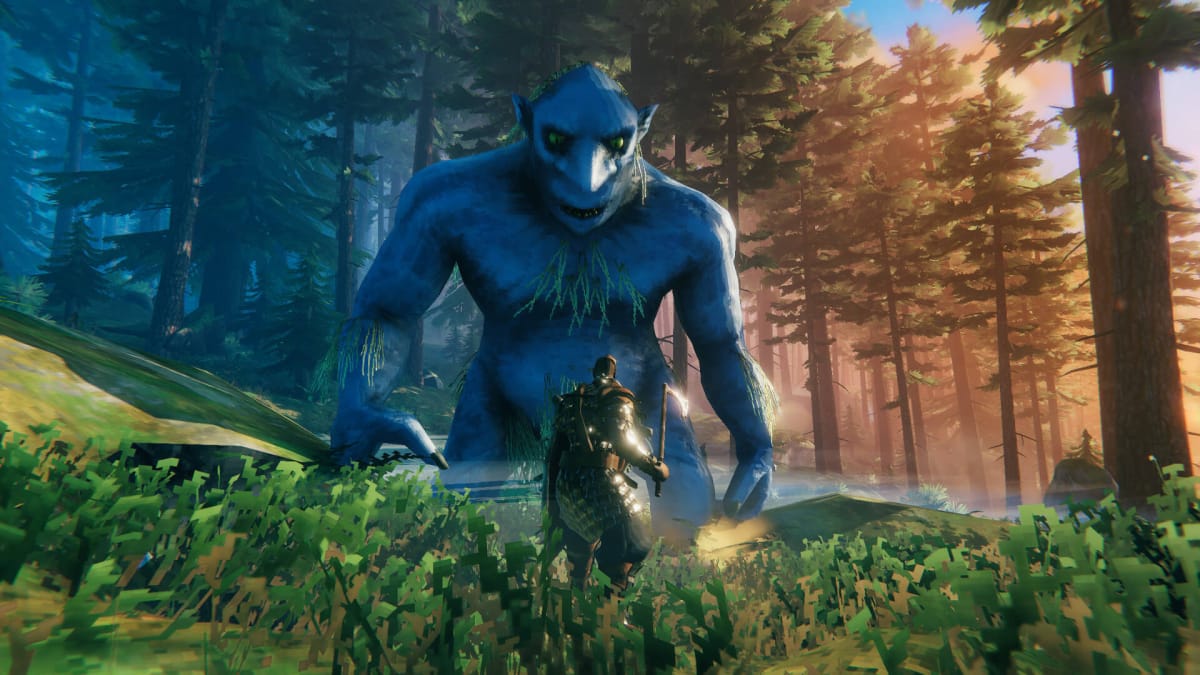 The player confronts a troll in Valheim, a game published by Coffee Stain, which will no longer be an Embracer Group company