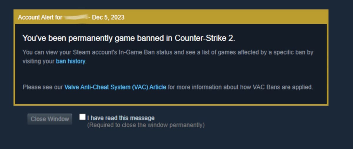 A screen describing a Valve Anti-Cheat ban for Counter-Strike 2