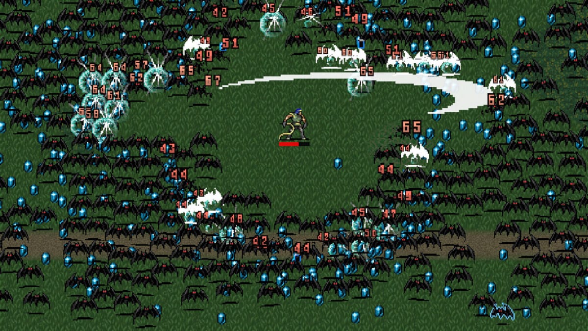 The player surrounded by bats in Vampire Survivors