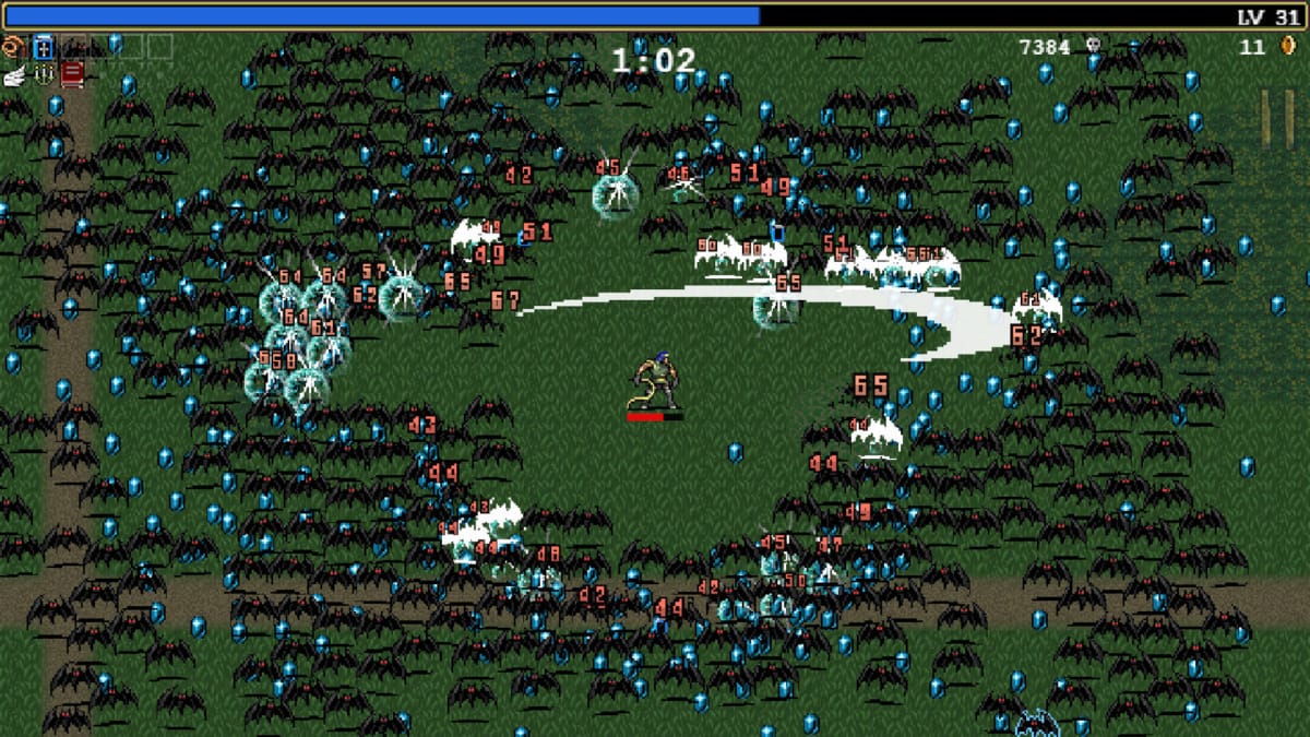 The player attacking a horde of bats in Vampire Survivors, which was developed by Poncle, one of the studios taking part in the new Safe In Our World bundle