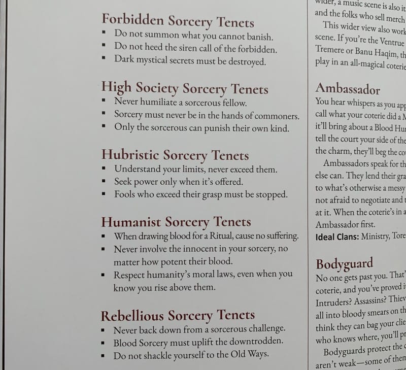 A screenshot of an excerpt from Vampire: The Masquerade Blood Sigils showing different tenets for Blood Sorcery