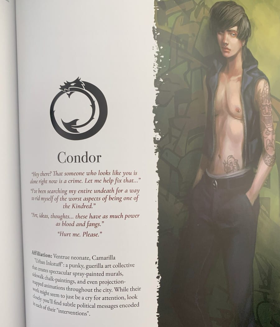 A screenshot from Vampire: The Masquerade Blood-Stained Love showing artwork of the character Condor