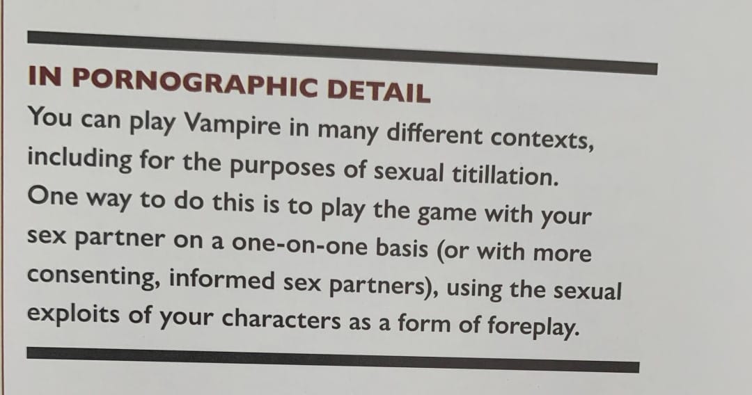 An excerpt from Vampire: The Masquerade Blood-Stained Love discussing roleplaying intimate scenes between characters