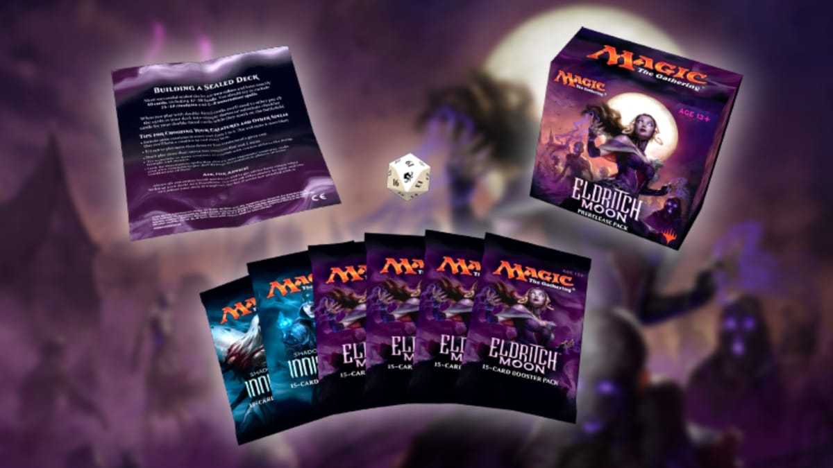 various magic the gathering products including boosters boxes dice and booklets on a blurred purple background