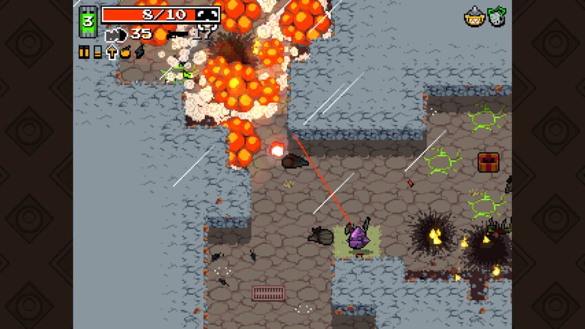 The player fighting their way through a top-down dungeon in the Vlambeer game Nuclear Throne