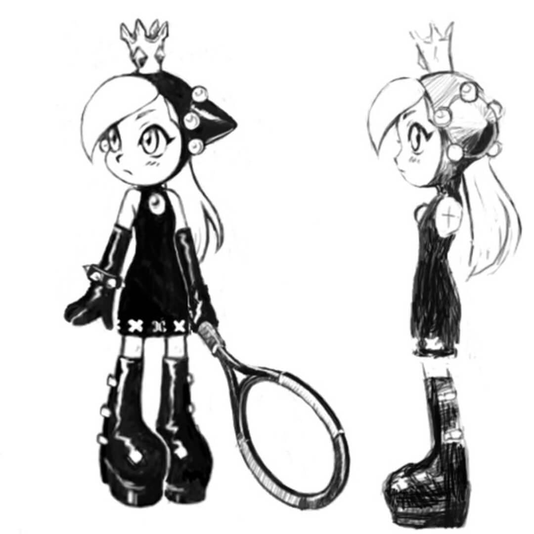 Sketches of Walpeach, a scrapped Mario Power Tennis character, holding her racket and standing sideways