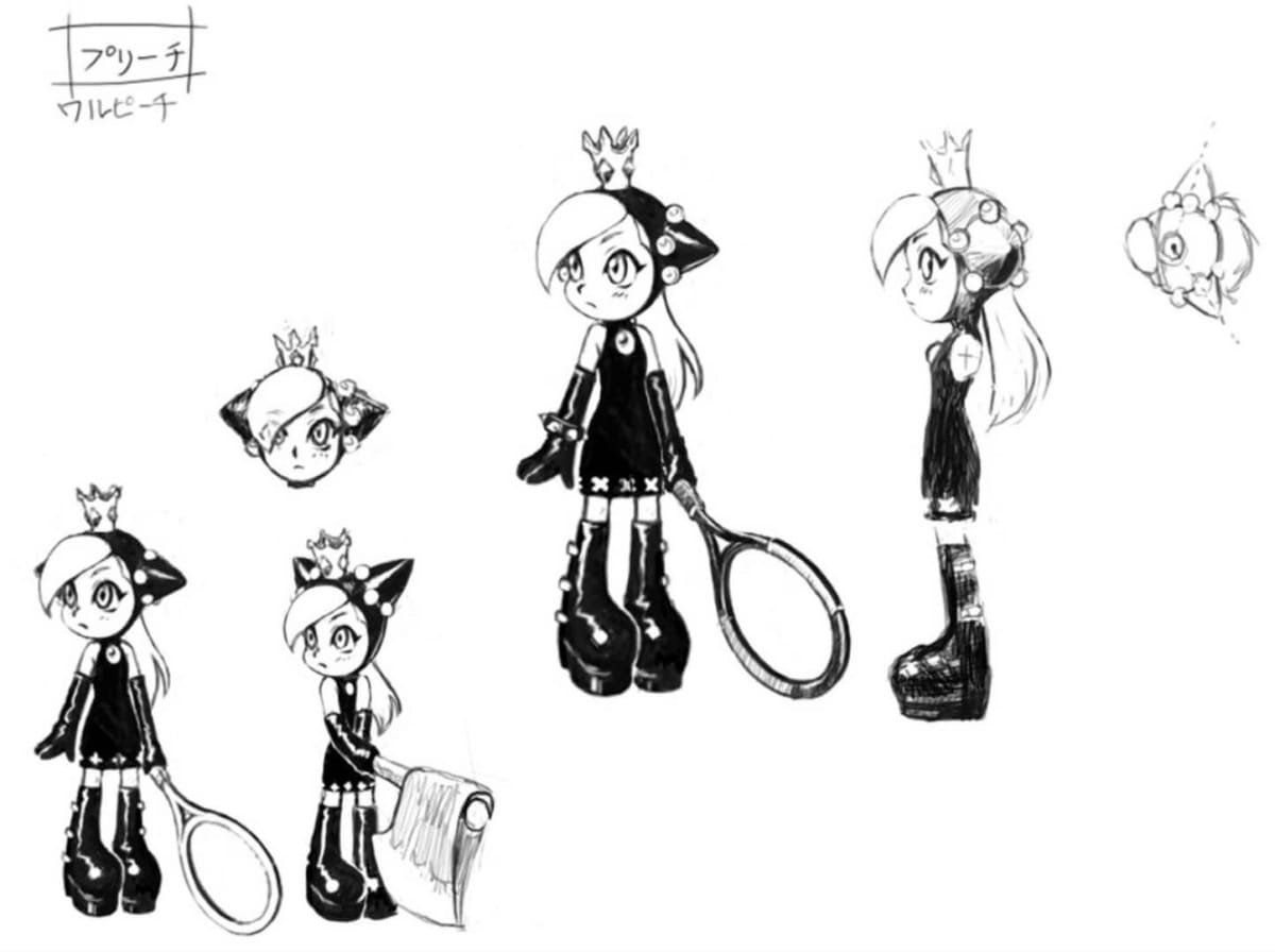 Several sketches of the Walpeach character, one of which is holding a big axe as a racket