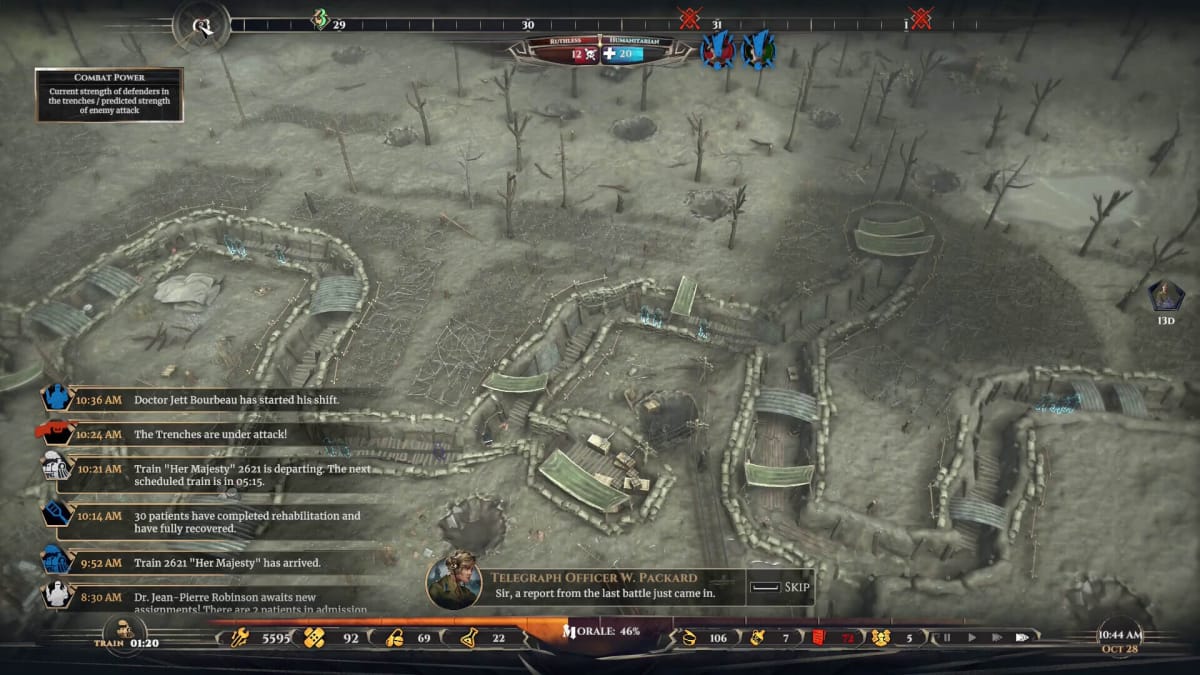 A top-down view of gameplay in War Hospital, complete with a feed of information and various other HUD elements